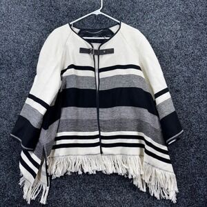 Karen Millen Striped Fringe Poncho Jacket Cream Black Leather Buckle UK 10 US 6